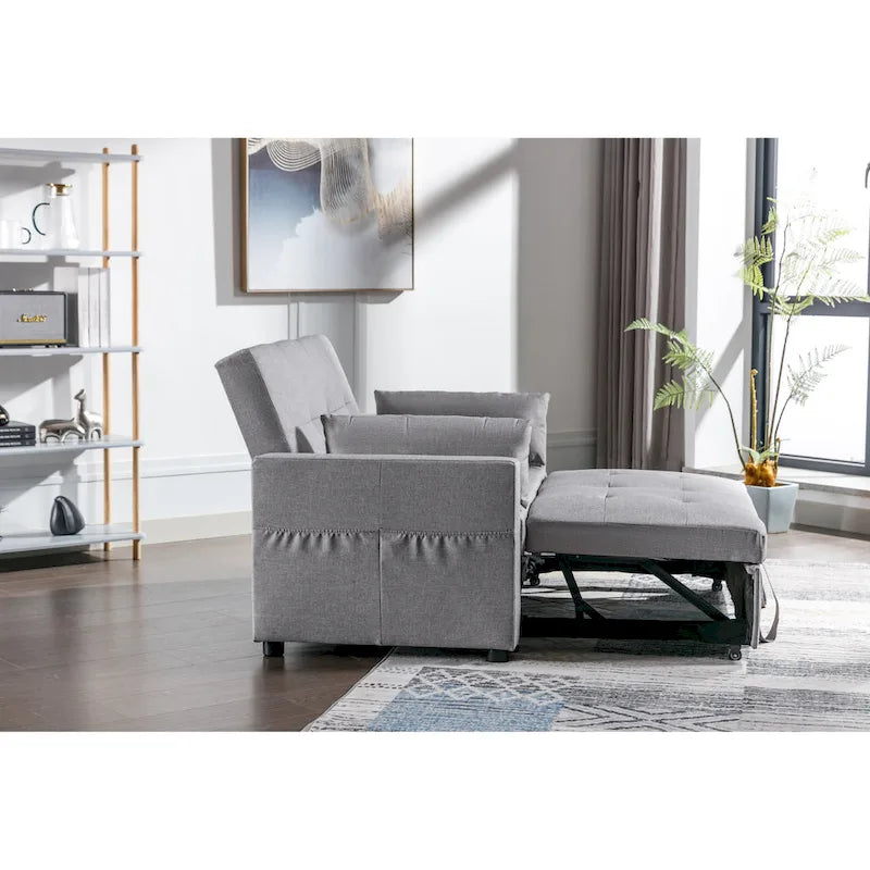 Light Grey Linen Fabric 3-In-1 Convertible Sleeper Loveseat With Side Pocket