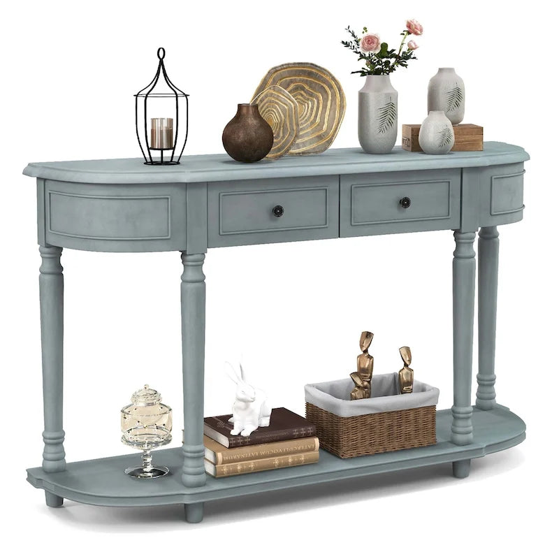 52-Inch Blue Console Table with Two Drawers and Open Shelf
