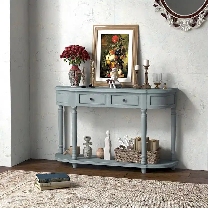 52-Inch Blue Console Table with Two Drawers and Open Shelf