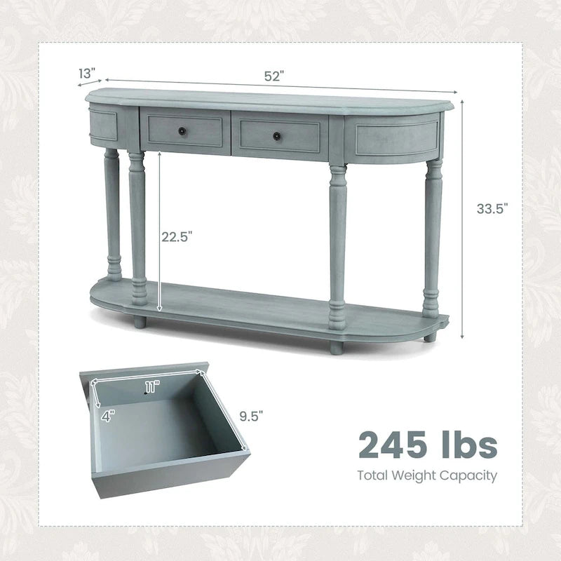 52-Inch Blue Console Table with Two Drawers and Open Shelf
