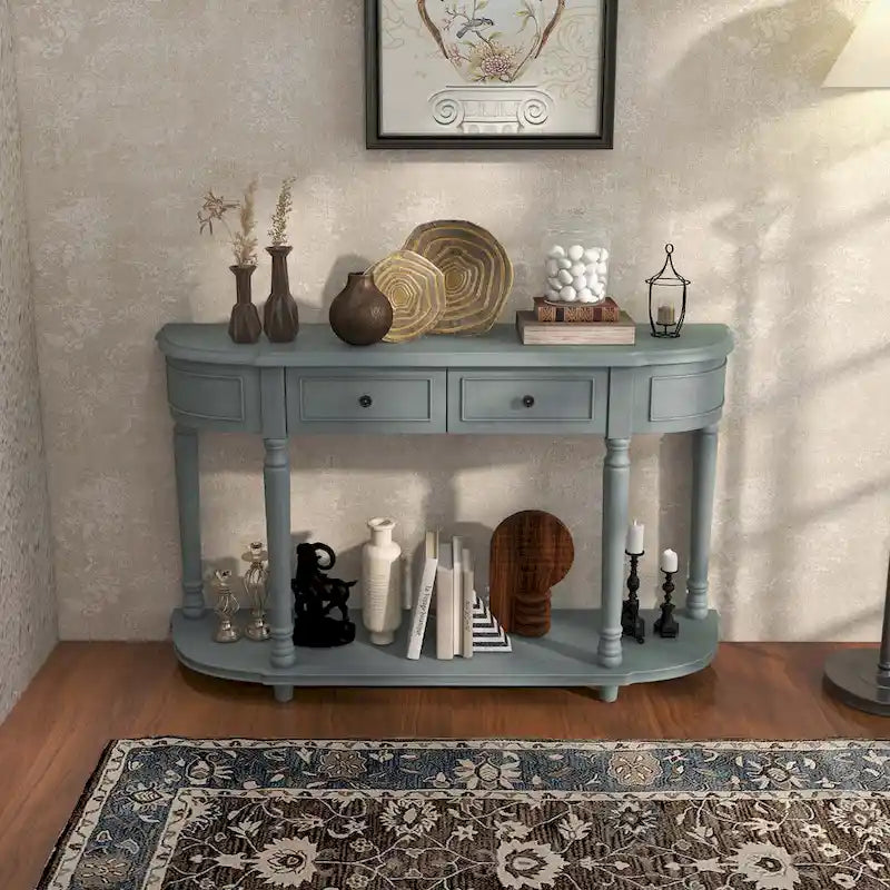 52-Inch Blue Console Table with Two Drawers and Open Shelf
