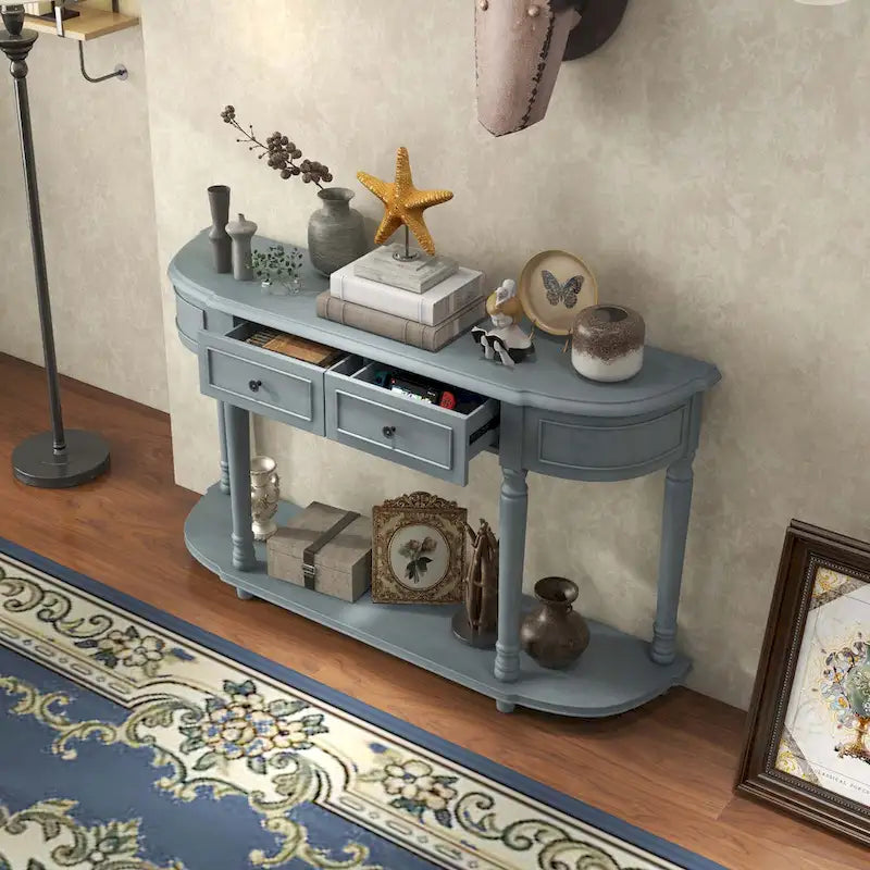 52-Inch Blue Console Table with Two Drawers and Open Shelf
