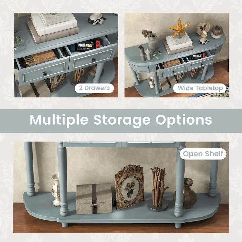 52-Inch Blue Console Table with Two Drawers and Open Shelf