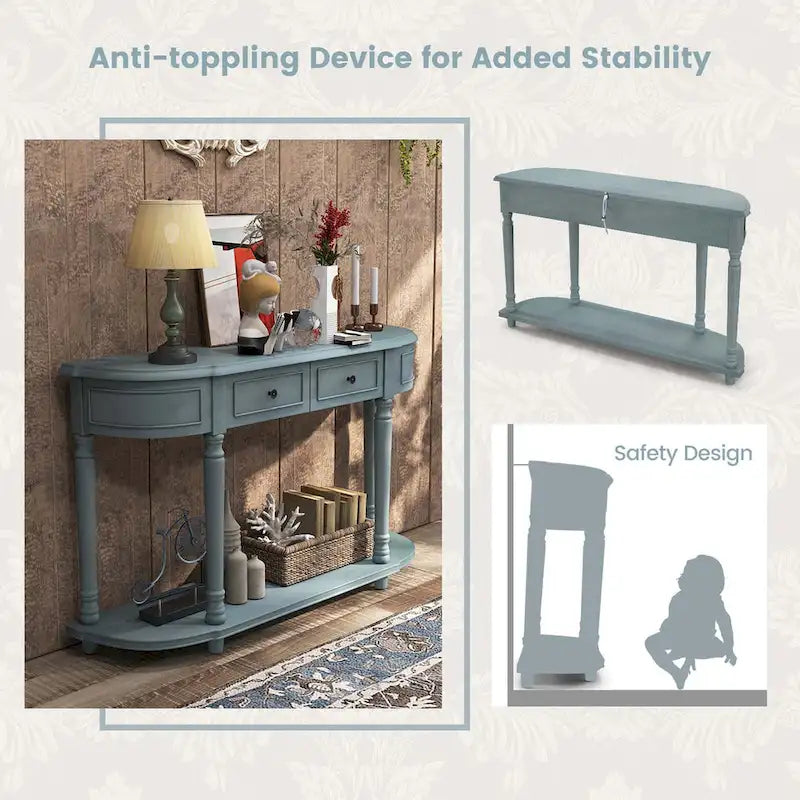 52-Inch Blue Console Table with Two Drawers and Open Shelf