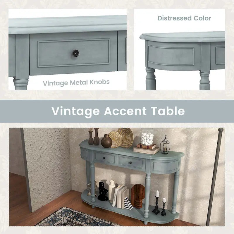 52-Inch Blue Console Table with Two Drawers and Open Shelf