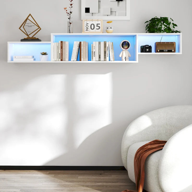 Modern Floating TV Stand with 3 Tier Shelves and 20 Color LEDs for Wall Mounted Home Theater and Office