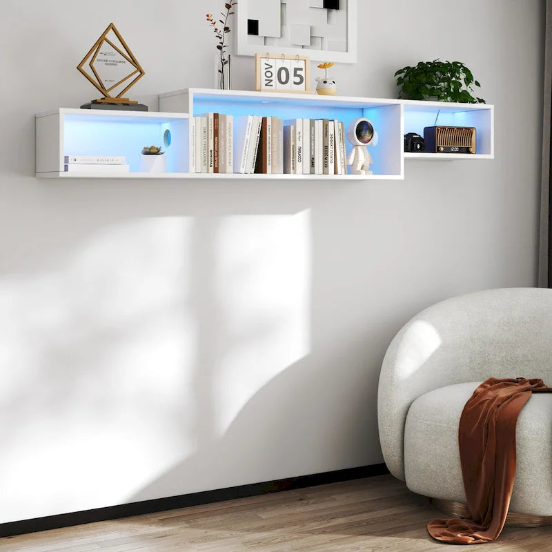 Modern Floating TV Stand with 3 Tier Shelves and 20 Color LEDs for Wall Mounted Home Theater and Office