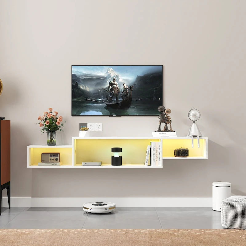 Modern Floating TV Stand with 3 Tier Shelves and 20 Color LEDs for Wall Mounted Home Theater and Office
