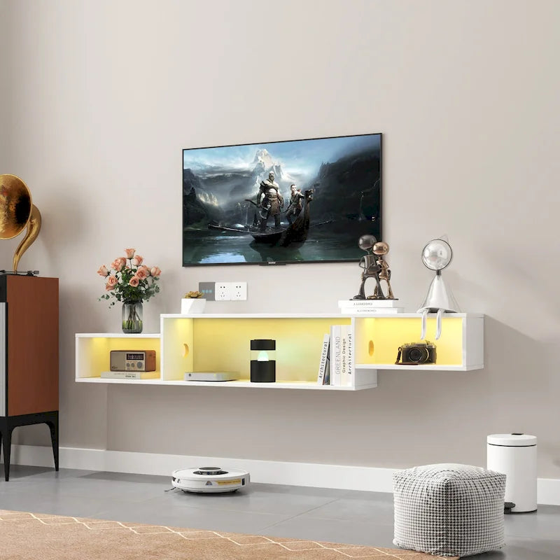 Modern Floating TV Stand with 3 Tier Shelves and 20 Color LEDs for Wall Mounted Home Theater and Office