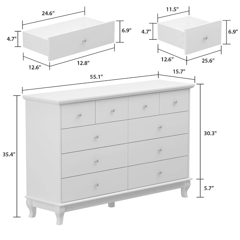 White Lacquer-Finish 10-Drawer Dresser
