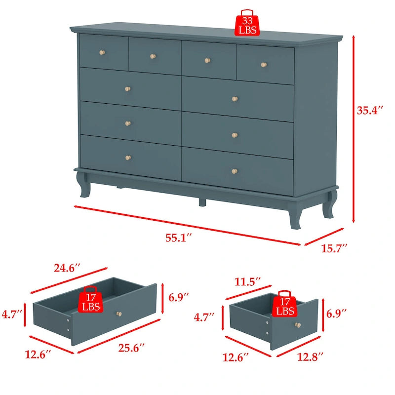 White Lacquer-Finish 10-Drawer Dresser