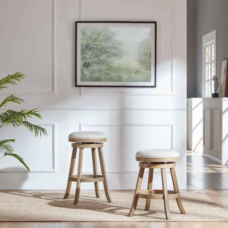 Rückenfreier Drehhocker mit Leinensitz und Gestell aus Rubberwood