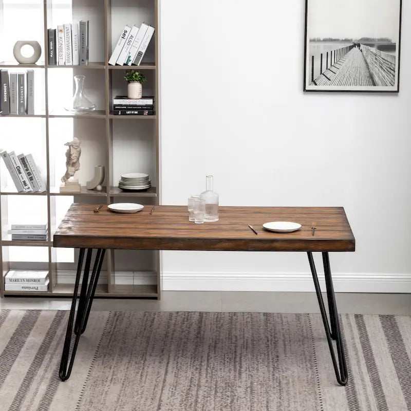 Industrial Dining Table with Metal Hairpin Legs, Dark Pine Finish