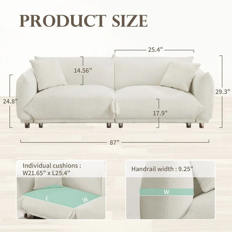 86.5-Inch White Velvet Sofa with Metal Legs