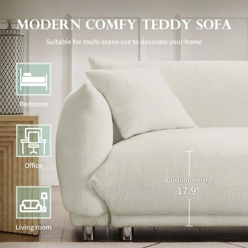 86.5-Inch White Velvet Sofa with Metal Legs