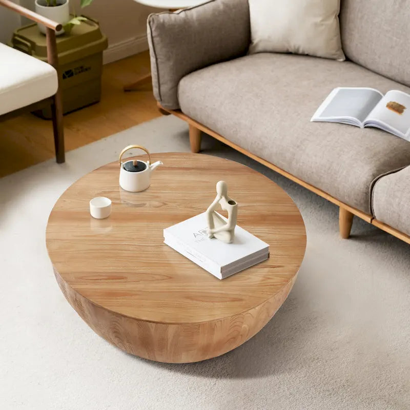 Vintage Barrel Coffee Table with Storage, Natural Wood