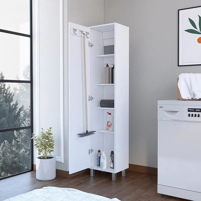 Tall Storage Cabinet with 5 Shelves and Broom Hanger