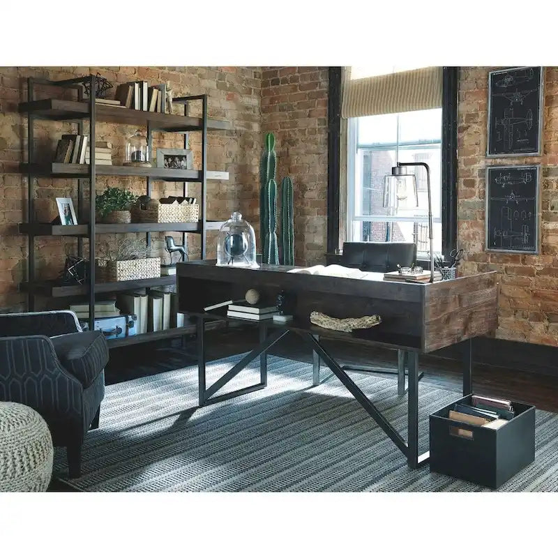 Brown Home Office Desk with Metal Frame and Drawers