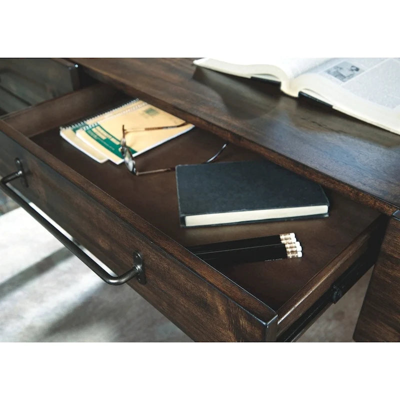 Brown Home Office Desk with Metal Frame and Drawers