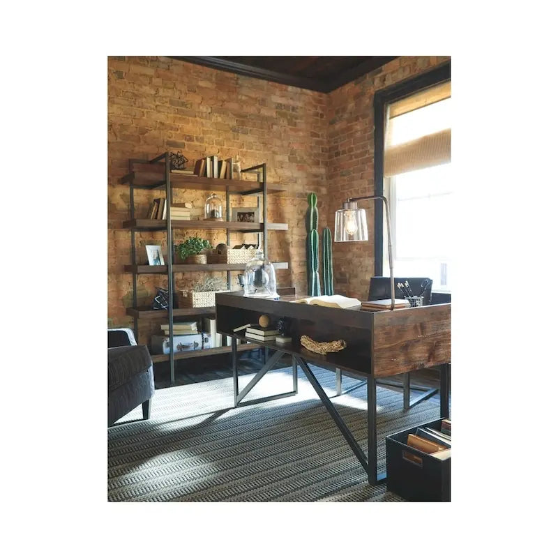 Brown Home Office Desk with Metal Frame and Drawers