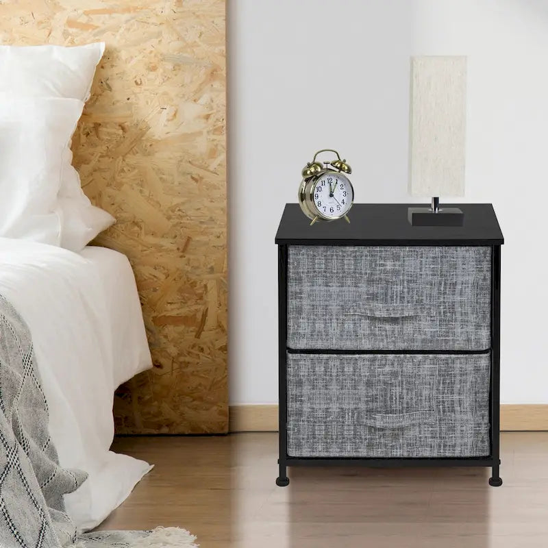Two-Drawer Nightstand with Steel Frame and Fabric Bins