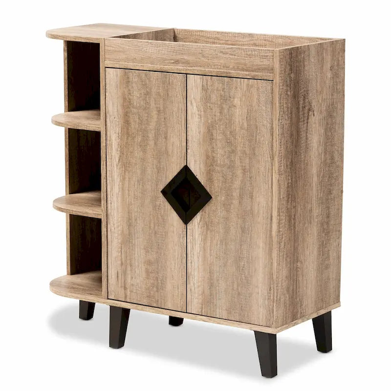 Rustic Oak 2-Door Shoe Storage Cabinet with Open Shelves
