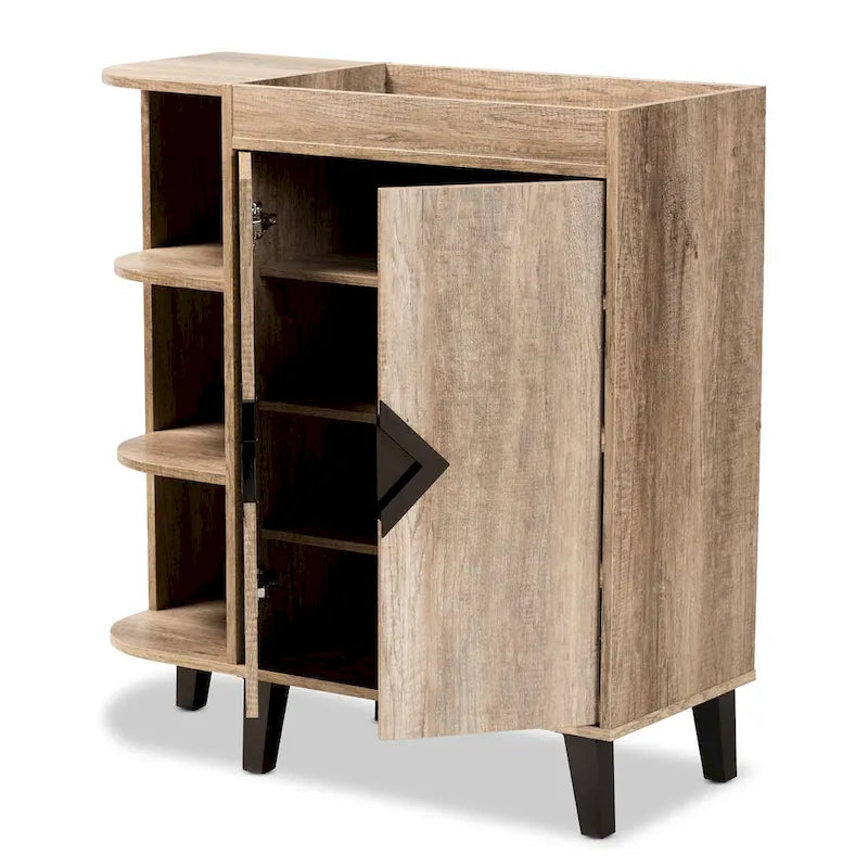 Rustic Oak 2-Door Shoe Storage Cabinet with Open Shelves