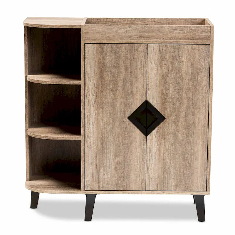 Rustic Oak 2-Door Shoe Storage Cabinet with Open Shelves