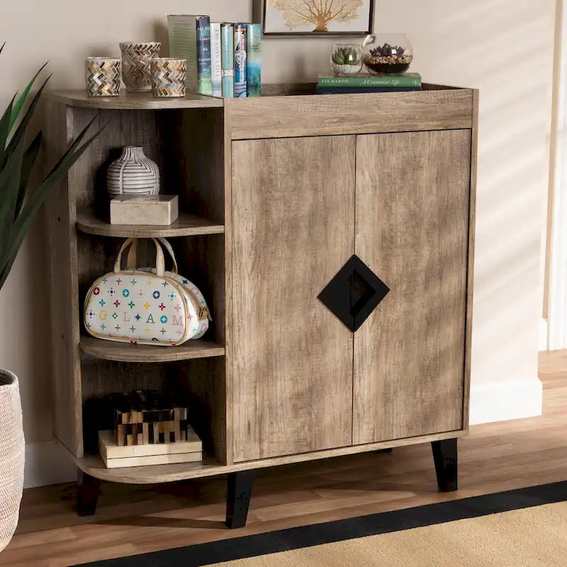 Rustic Oak 2-Door Shoe Storage Cabinet with Open Shelves