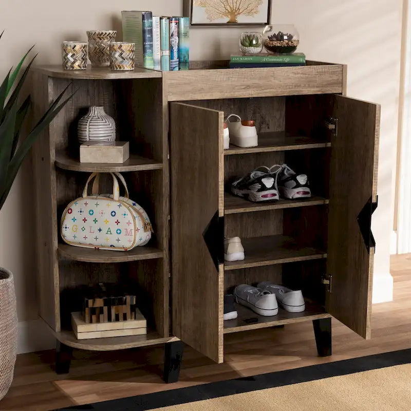 Rustic Oak 2-Door Shoe Storage Cabinet with Open Shelves