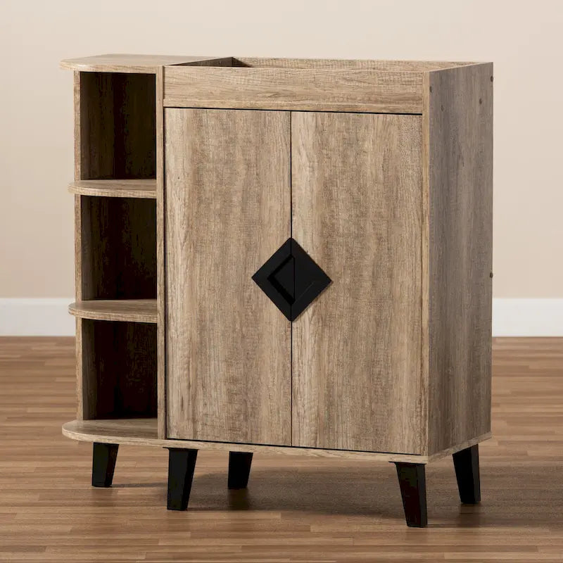 Rustic Oak 2-Door Shoe Storage Cabinet with Open Shelves