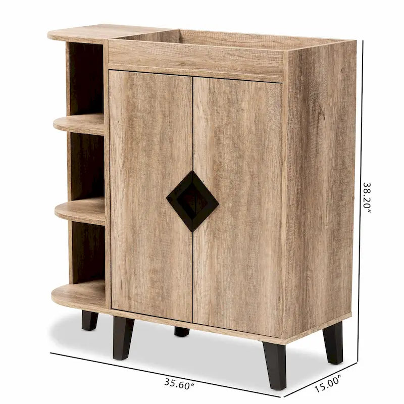 Rustic Oak 2-Door Shoe Storage Cabinet with Open Shelves