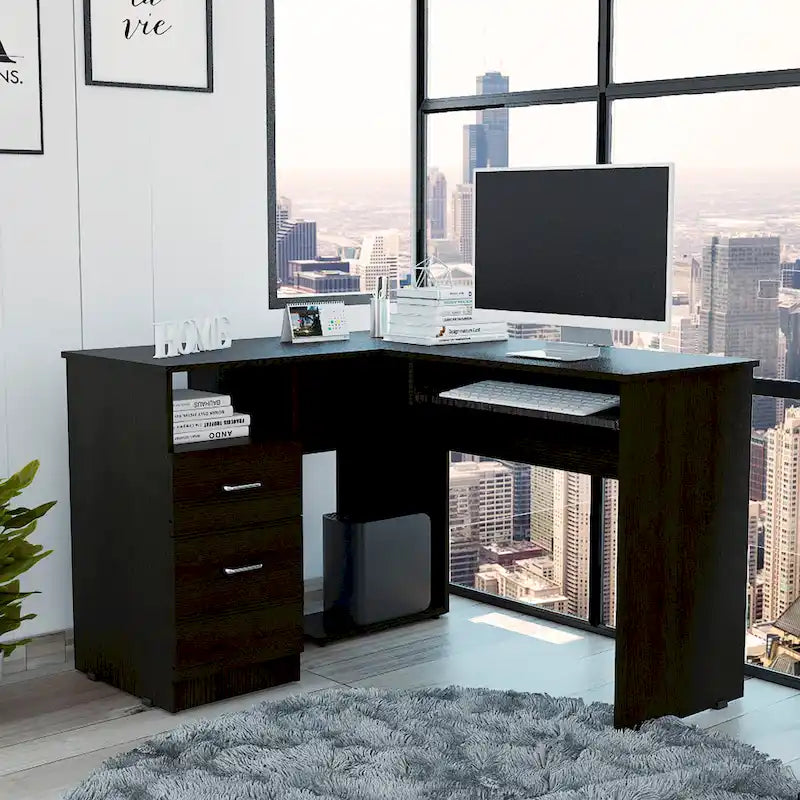 L-vormig bureau met open planken, 2 laden en toetsenbordlade