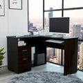 L-vormig bureau met open planken, 2 laden en toetsenbordlade