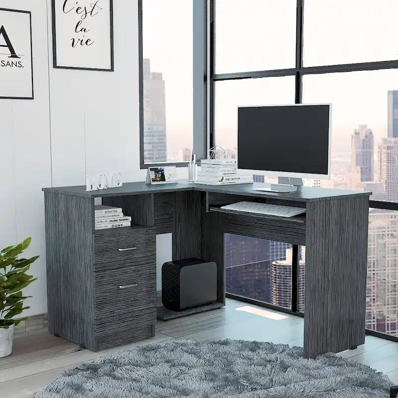 L-vormig bureau met open planken, 2 laden en toetsenbordlade