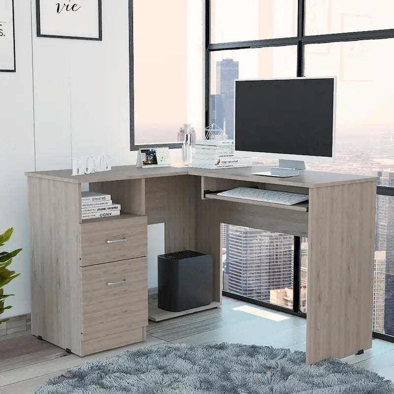 L-Shaped Desk with Open Shelves, 2 Drawers and Keyboard Tray