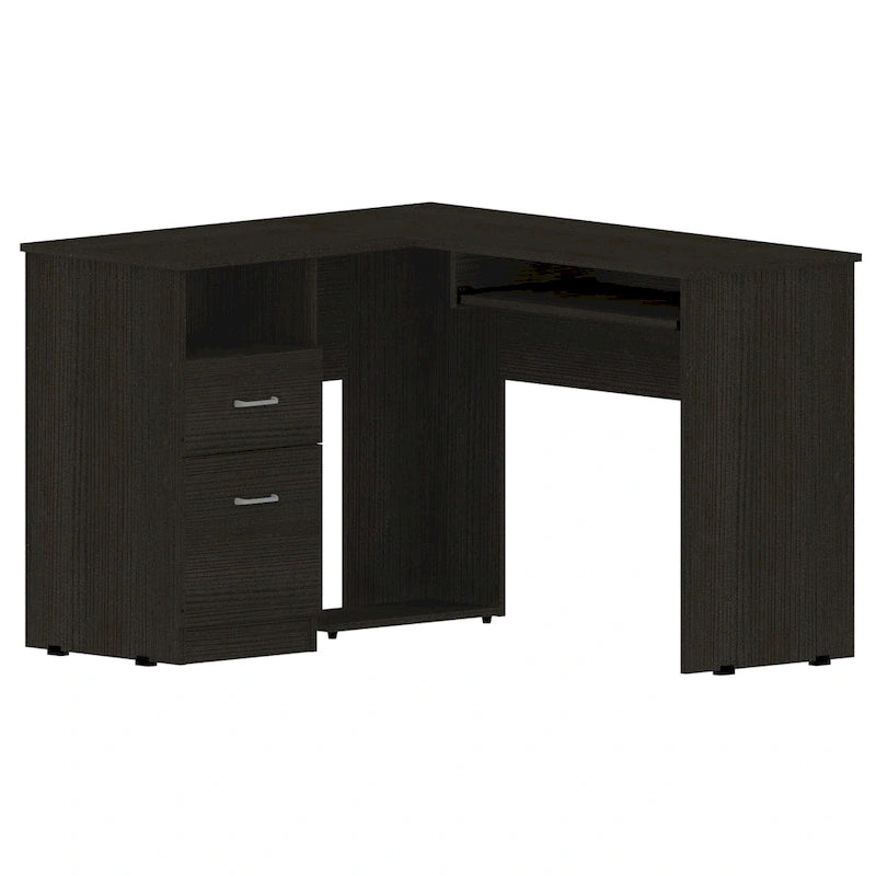 L-vormig bureau met open planken, 2 laden en toetsenbordlade