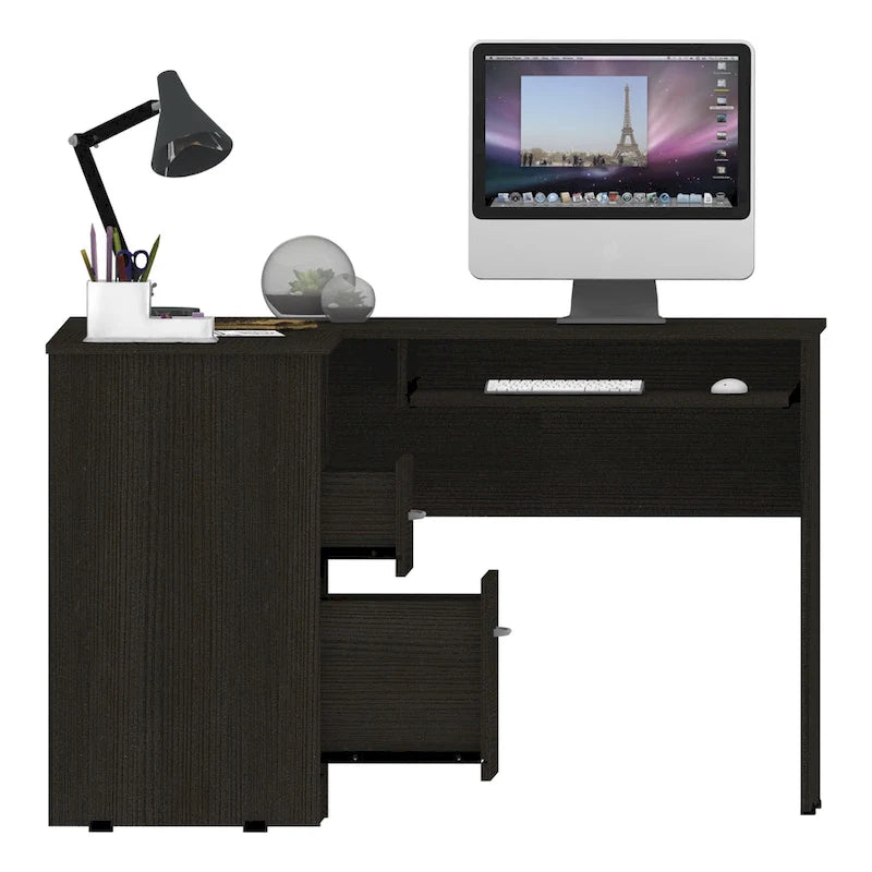 L-vormig bureau met open planken, 2 laden en toetsenbordlade
