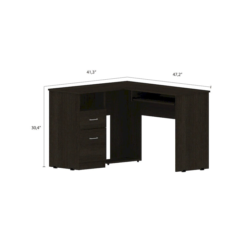 L-vormig bureau met open planken, 2 laden en toetsenbordlade