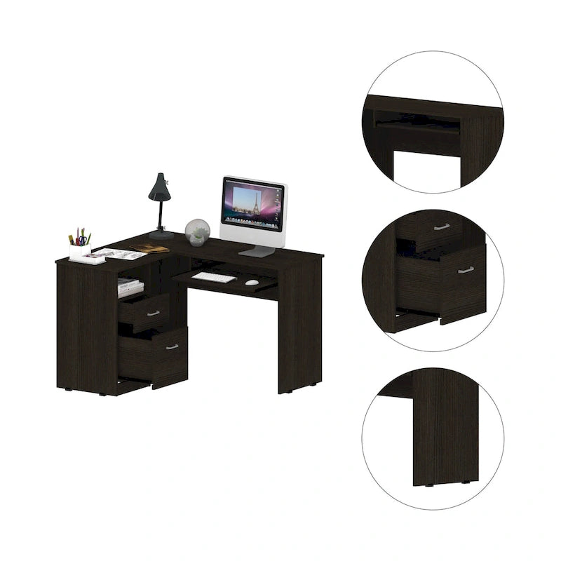 L-vormig bureau met open planken, 2 laden en toetsenbordlade