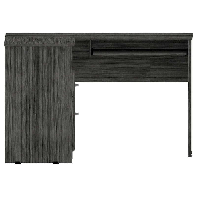 L-vormig bureau met open planken, 2 laden en toetsenbordlade