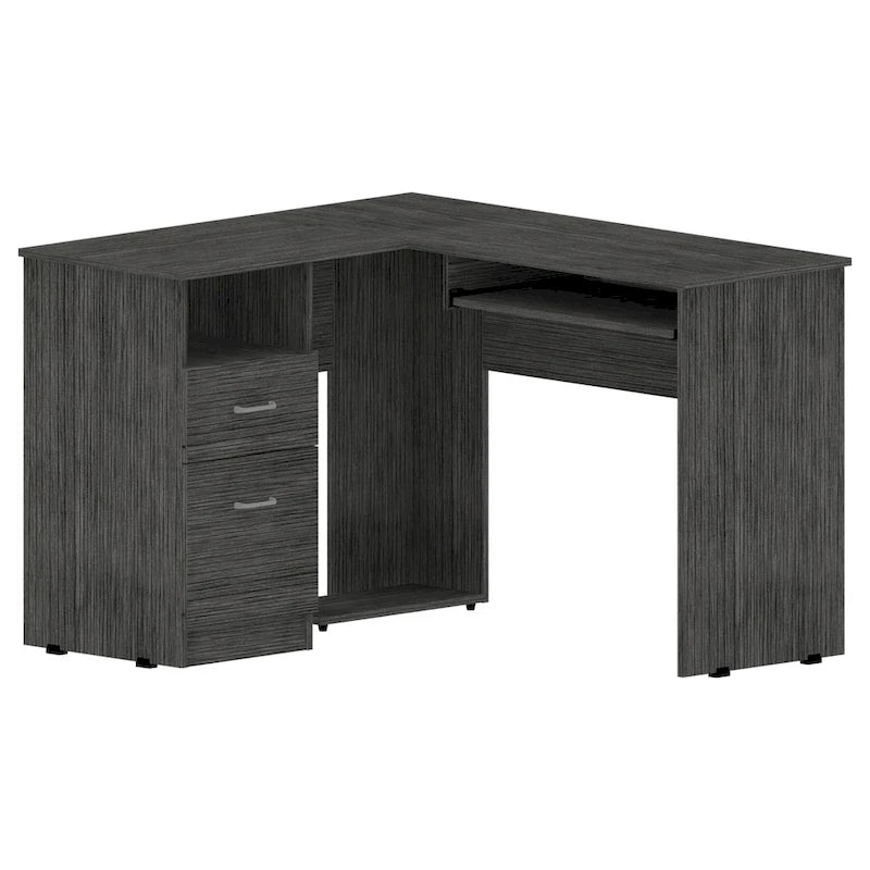 L-vormig bureau met open planken, 2 laden en toetsenbordlade