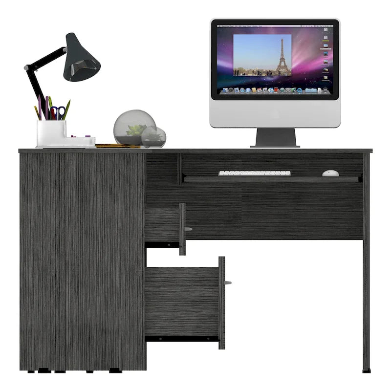 L-vormig bureau met open planken, 2 laden en toetsenbordlade