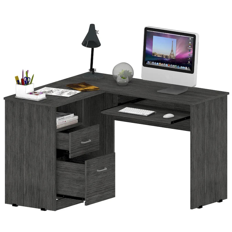 L-vormig bureau met open planken, 2 laden en toetsenbordlade