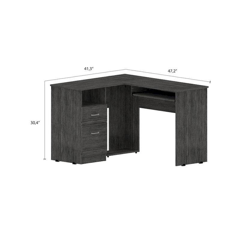 L-vormig bureau met open planken, 2 laden en toetsenbordlade