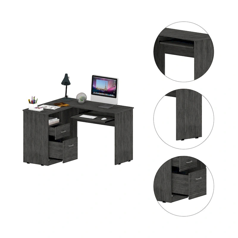 L-vormig bureau met open planken, 2 laden en toetsenbordlade