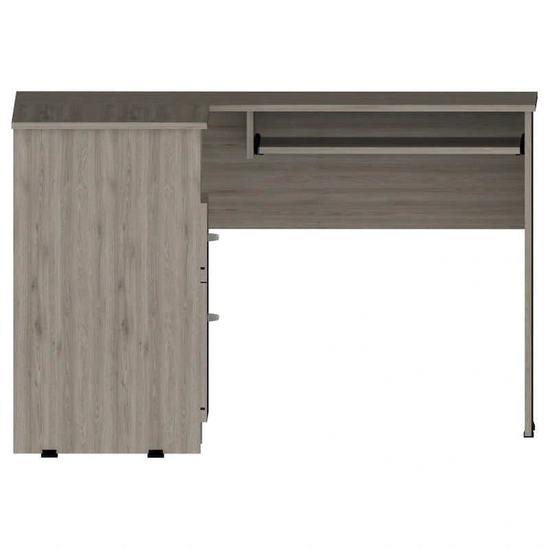 L-vormig bureau met open planken, 2 laden en toetsenbordlade