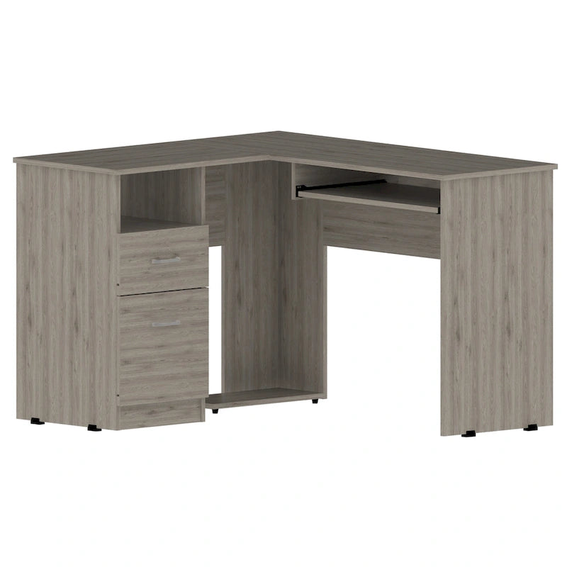 L-vormig bureau met open planken, 2 laden en toetsenbordlade