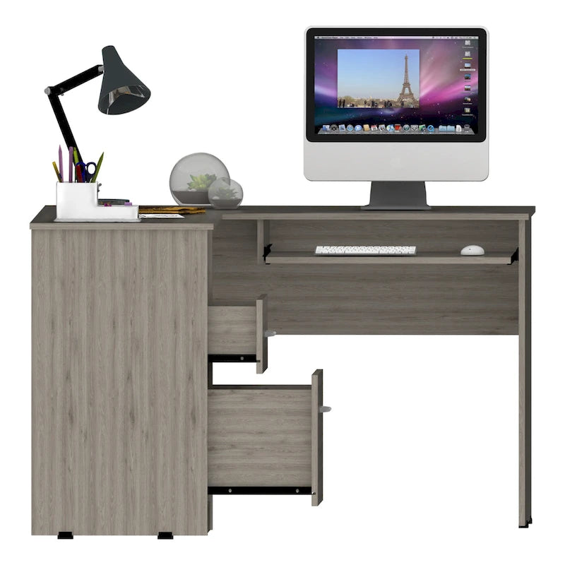 L-vormig bureau met open planken, 2 laden en toetsenbordlade