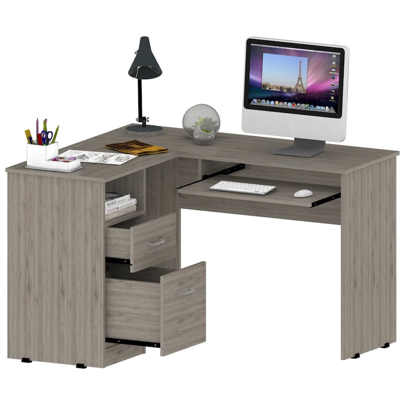 L-vormig bureau met open planken, 2 laden en toetsenbordlade
